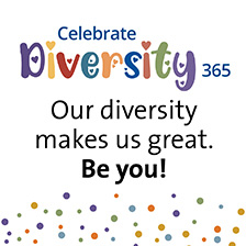 Celebrate Diversity 2023 - graphic with message that our diversity makes us great. Be you. With colorful background.