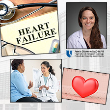 Composite image of medical scenes - stethoscope and the words Heart Failure, a patient seeing a doctor, a heart over an electrocardiogram and a portrait of Dr. Jamie Diamond