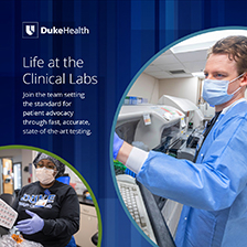 Two lab professionals working in a lab with the caption Life at the Clinical Labs
