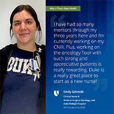 Emily smiling in blue Duke shirt.