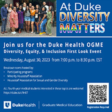 Group photo of students and Duke diversity matters message for upcoming OGME event August 30th.