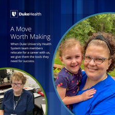 Emily smiling in blue Duke scrubs with young daughter. Denise smiling in scrubs in the lab.