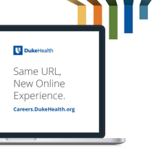 laptop with the Duke Health logo and the words same url, new online experience.
