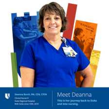 Deanna smiles in blue scrubs with a colorful Duke shield in the background.