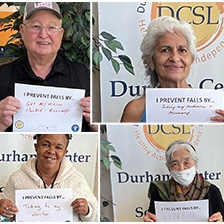 Seniors holding message cards about what they do to prevent falls-prevention including getting vision checks, seeing the doctor, exercising and taking meds regularly