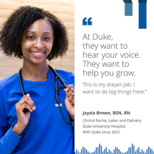 Jaysia smiling in blue scrubs with a stethoscope. 