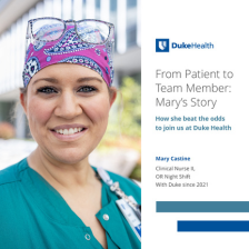 Mary smiling in surgical cap and scrubs. 