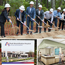 Artist's rendition of Peak Rehab Hospital including logo sign and people shoveling dirt at a groundbreaking ceremony
