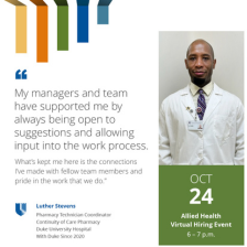 Luther in a white lab coat with October 24 allied health event graphic.