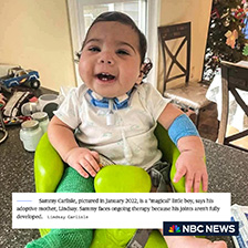 Child sits in chair. Photo includes photographer credit, NBC News logo