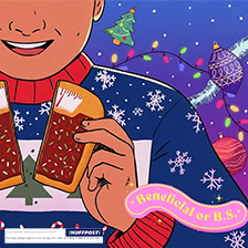 Graphic of man in sweater with note beneficial or bs