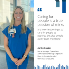 Ashley smiling in blue scrubs at Duke University Hospital.