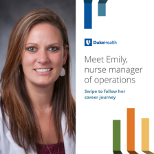 Emily smiling with colorful Duke Health ribbons in the background.