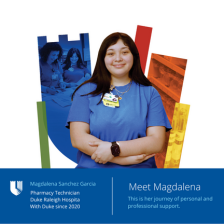 Magdalena in a blue shirt smiling with a colorful duke shield in the background.