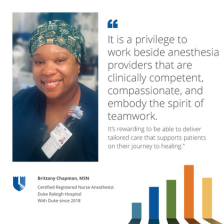 Brittany in a green patterned scrub hat and blue scrubs smiling. 
