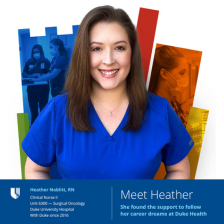 Heather in blue scrubs smiling with a brightly colored Duke Health shield in the background.