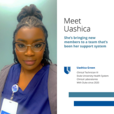 Uashica in glasses smiling in blue scrubs.