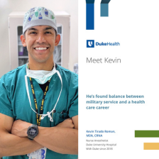 Kevin smiles in scrubs with an U.S. Army lanyard around his neck.