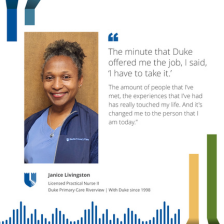 Female team member smiles in blue scrubs and a jacket.