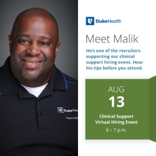 Recruiter Malik smiles in a Duke Health polo.