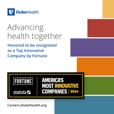 Graphic with Fortune award badge and the words Advancing Health Together. Honored to be recognized as a top innovative company by Fortune.