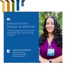 Jessica smiles in scrubs with the quote " Duke put me first. They put my family first."