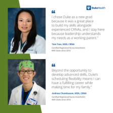 Tam and Andrew smile in white coats with quotes next to them about their experience working at Duke Health.