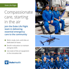 Duke Health logo with team members in front of helicopters wearing blue Duke Life Flight suits.