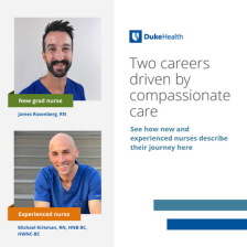 Two male nurses smile in blue scrubs with the words "two careers driven by compassionate care" next to them.