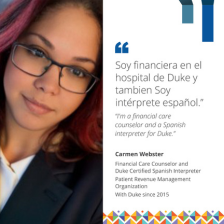 Carmen Webster discussing her role as a financial counselor and Spanish interpreter at Duke