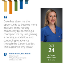 Elzbieta smiles in blue scrubs next to a quote about the opportunities she's had as a nurse at Duke Health.