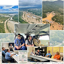 Montage of flood damage and Duke Health personnel responding