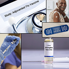 Collage of images related to vaccinations: A close-up of an adjuvanted flu vaccine packet next to a stethoscope, a person smiling after receiving a vaccine, a gloved hand preparing a syringe, a bandage with text about stopping the flu, and a vial labeled as a single dose shingles vaccine.