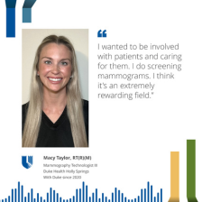 Macy smiles in scrubs with a quote next to her showcasing her passion for the field of mammography and women's health.