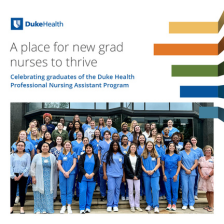 Group of nursing students smile together as graduates of Duke Health's Professional Nursing Assistant Program.