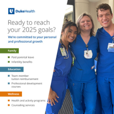 Three team members smile in blue scrubs with information about Duke Health's infertility, parental leave, tuition assistance, and wellness benefits.