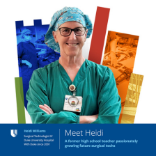 Heidi smiles in green scrubs and a scrub cap with a colorful Duke shield in the background.