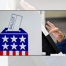 Stylized ballot box with hand on screen simulating voting