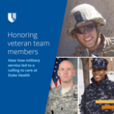 Image of veterans with a note about their service on a Duke background