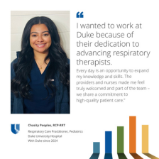 Chasity smiles in scrubs with a quote about how Duke helps her advance her career.