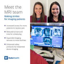 Brittany and Whitney smile is scrubs in a graphic with four bullet points about how the MRI team is making strides for imaging patients.