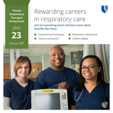 Three RT team members smile by a machine in a graphic sharing benefits RTs can expect at Duke.