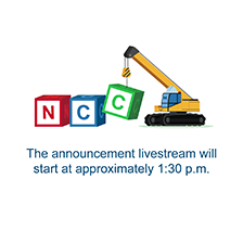 Child's crane uses building blocks to spell NCC - with information about a live announcement at 1:30 p.m.