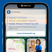 Phone screen with Nursing Information Session for Duke Health on February 11 from 6-7 p.m. EST.