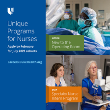 Graphic with the words "Unique programs for nurses. Apply by February for July 2025 cohorts." Images show nurses in operating room and ED.