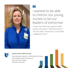 Suzanne smiles in blue scrubs with a quote about how she loves to mentor nurses to be leaders of tomorrow.