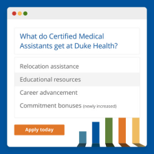 Animation on what Duke Health provides CMAs, including relocation assistance, educational resources, career advancement.