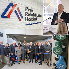 Montage of images from Peak Rehabilitation Hospital ribbon cutting including sign, workout weights and a man at a podium