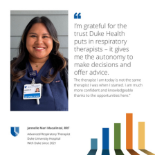 Jannelle smiles in blue scrubs, a quote next to her expresses gratitude for how she has been able to grow personally and professionally at Duke Health.