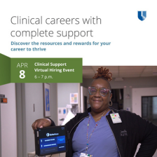 Female team member smiles in blue scrubs next to a machine. The graphic advertises an April 8 Clinical Support Virtual Hiring Event.